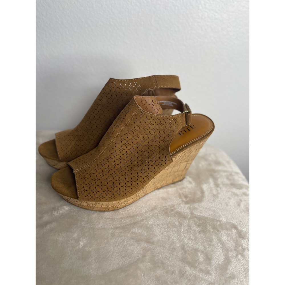 A.N.A. Malik Women Brown Laser Cut Wedge Sandals Cork Heel Slingback Size 10M